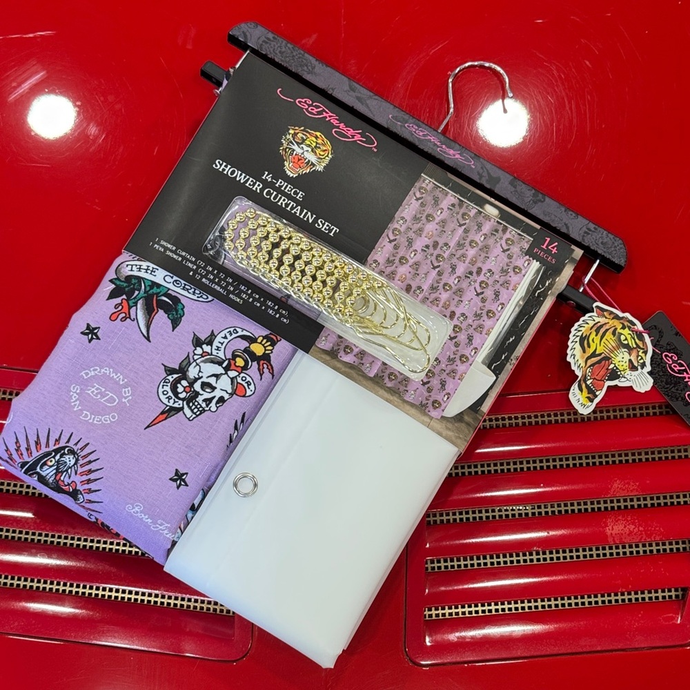Ed Hardy Tattoo-Inspired Purple and White Shower Curtain Set